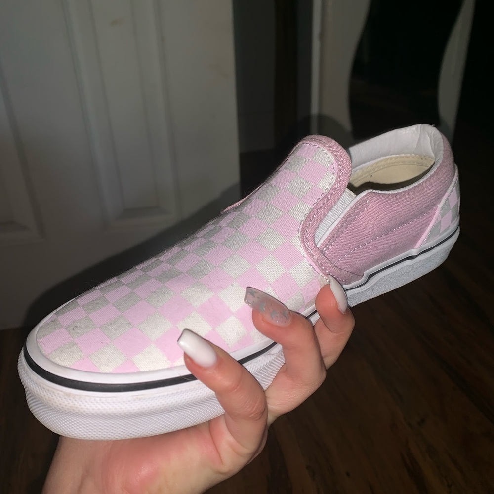 Pink checker board slip on vans